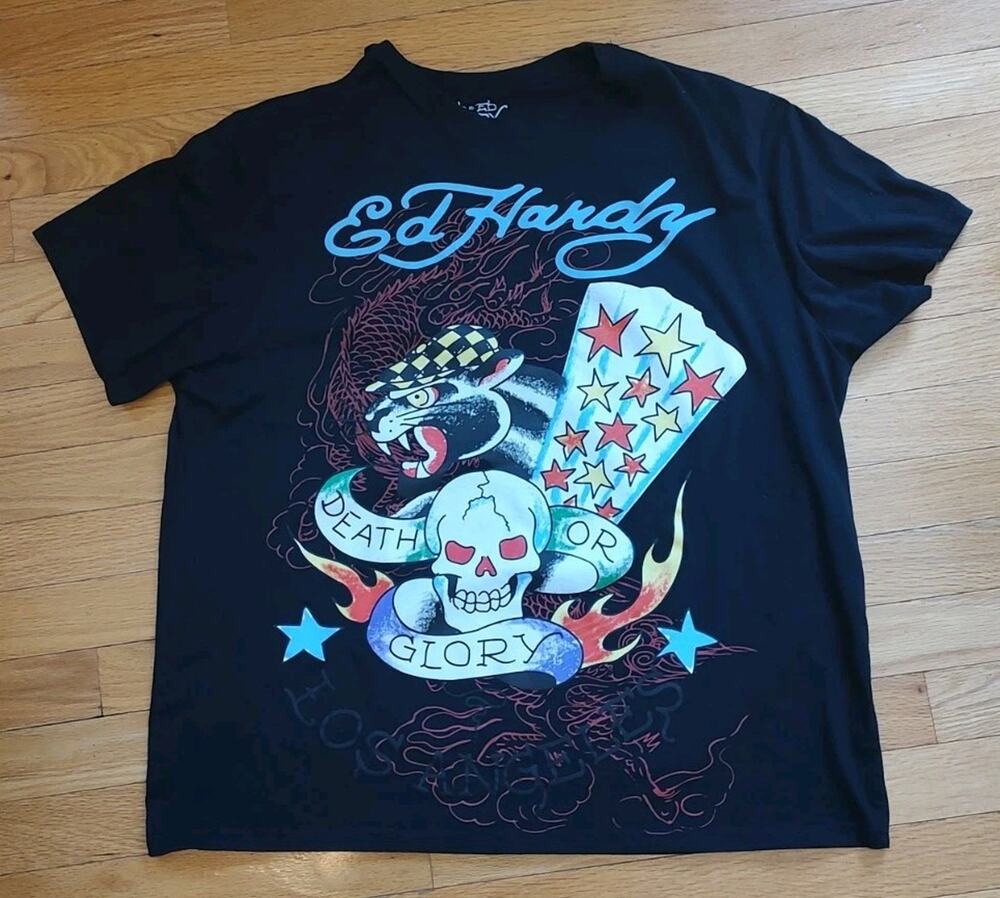 Men's Ed Hardy Death Or Glory Graphic T Shirt Black Tattoo Y2K - XL